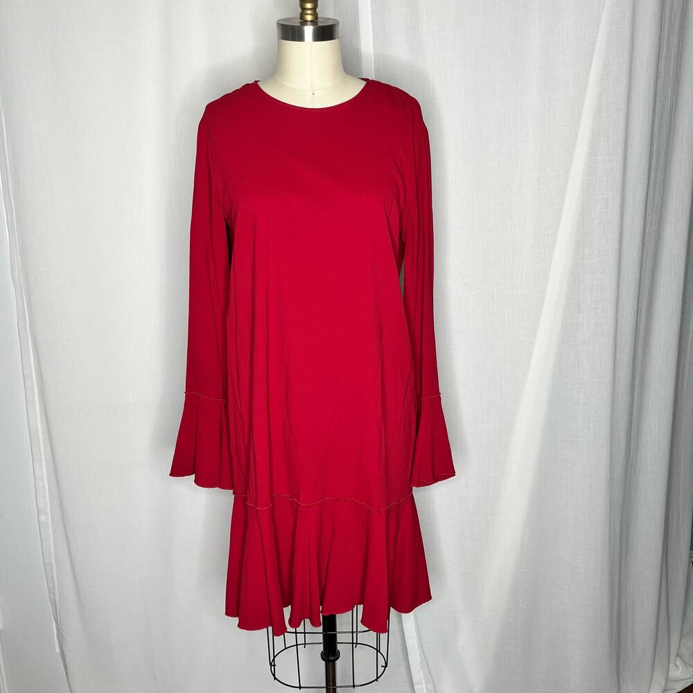 Theory Red Bell Sleeve Ruffle Hem Long Sleeve Dress Size 8